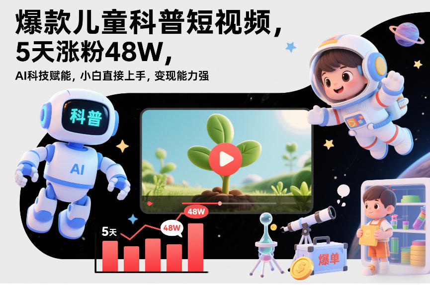 爆款儿童科普短视频,5天涨粉48W,AI科技赋能,小白直接上手,变现能力强,橱窗带货爆单不停-灵感工坊云网创