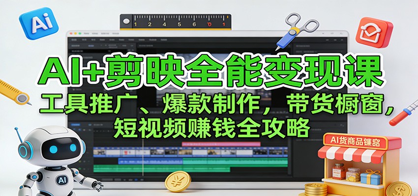 AI+剪映全能变现课:工具推广、爆款制作、带货橱窗,短视频赚钱全攻略-灵感工坊云网创