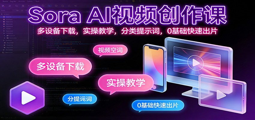 Sora AI视频创作课：多设备下载，实操教学，分类提示词，0基础快速出片-灵感工坊云网创
