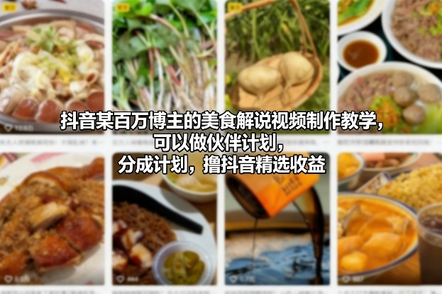 抖音某百万博主的美食解说视频制作教学,可以做伙伴计划,分成计划,撸抖音精选收益-灵感工坊云网创