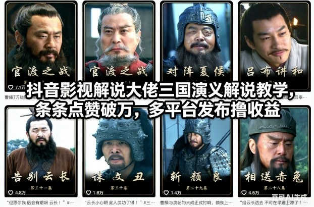 抖音影视解说大佬三国演义解说教学,条条点赞破万,多平台发布撸收益-灵感工坊云网创