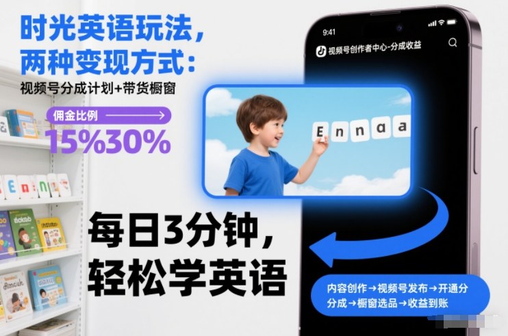 时光英语玩法,两种变现方式:视频号分成计划+带货橱窗-灵感工坊云网创