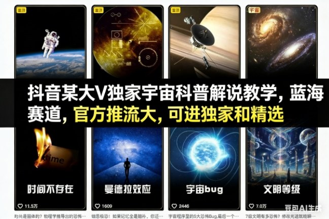 抖音某大V独家宇宙科普解说教学,蓝海赛道,官方推流大,可进独家和精选-灵感工坊云网创