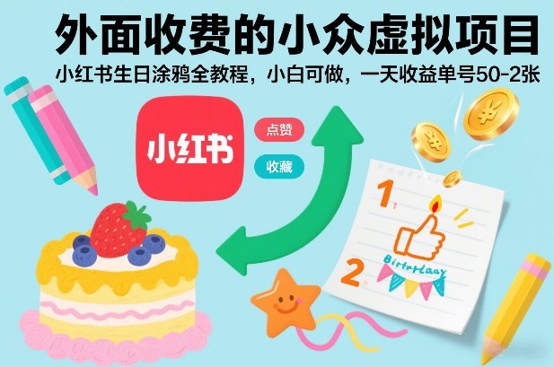 外面收费的小众虚拟项目,小红书生日涂鸦全教程,小白可做,一天收益单号50-2张-灵感工坊云网创