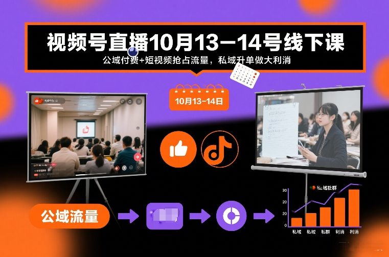 视频号直播10月13-14号线下课,公域付费+短视频抢占流量,私域升单做大利消-灵感工坊云网创