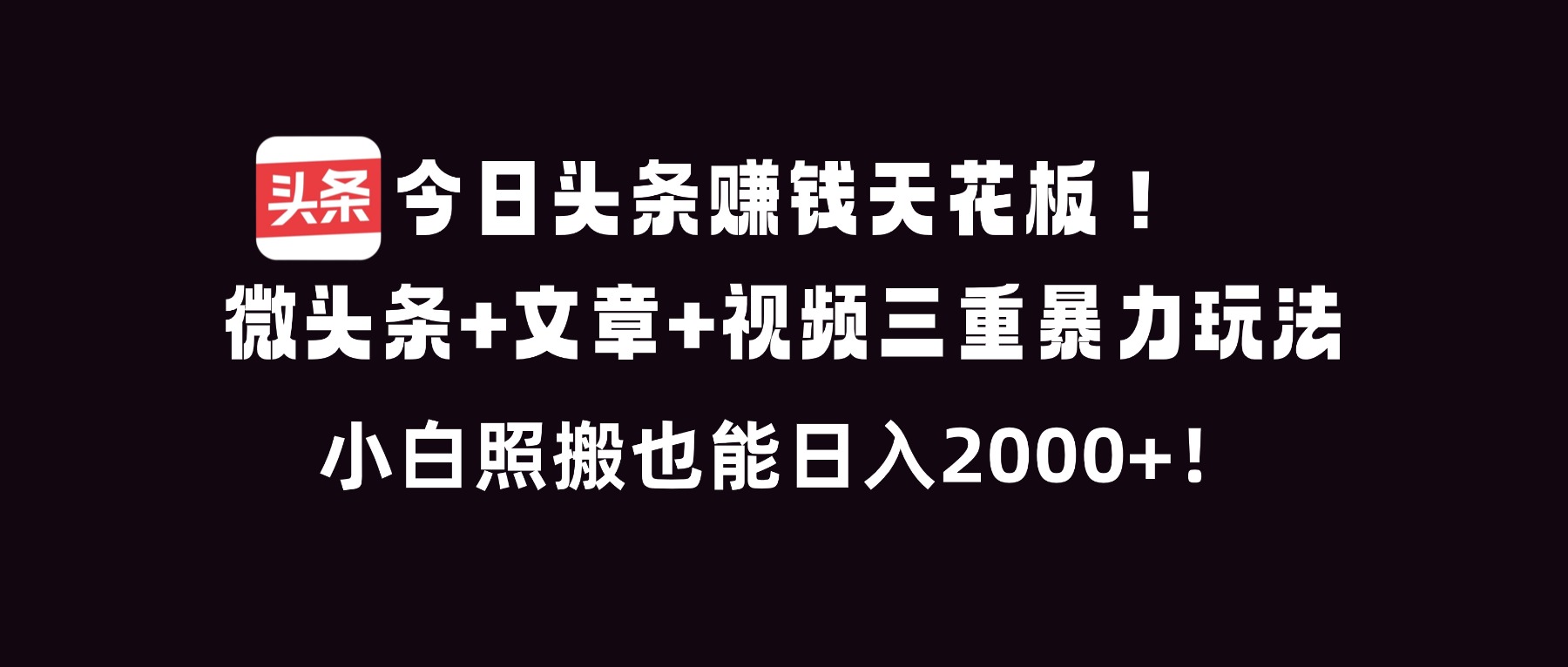 今日头条赚钱天花板!微头条+文章+视频三重暴利玩法,小白照搬也能日人2000+-灵感工坊云网创