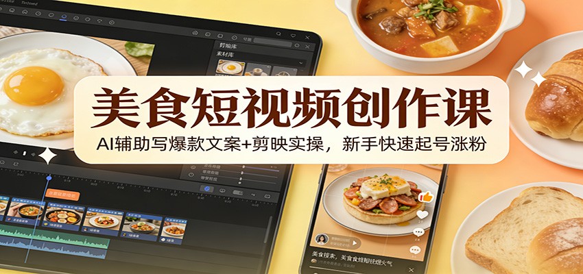 美食短视频创作课:AI辅助写爆款文案+剪映实操,新手快速起号涨粉-灵感工坊云网创
