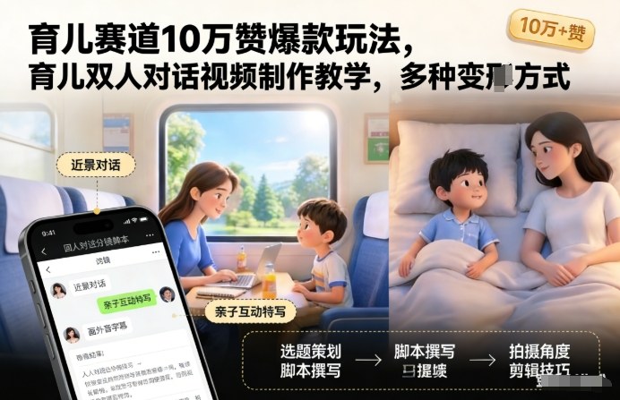 育儿赛道10万赞爆款玩法，育儿双人对话视频制作教学，多种变现方式-灵感工坊云网创