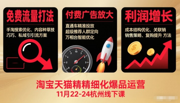 淘宝天猫精细化爆品运营11月22-24杭州线下课,免费流量打法+付费广告放大+利润增长(音频+文档)-灵感工坊云网创