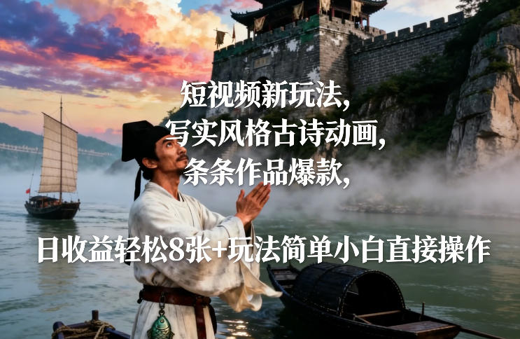 短视频新玩法,写实风格古诗动画,条条作品爆款,日收益轻松8张+玩法简单小白直接操作