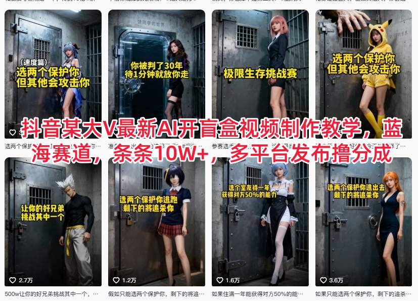 抖音某大V最新AI开盲盒视频制作教学,蓝海赛道,条条10W+,多平台发布撸分成-灵感工坊云网创