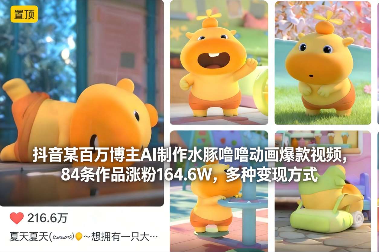 抖音某百万博主AI制作水豚噜噜动画爆款视频,84条作品涨粉164.6W,多种变现方式-灵感工坊云网创